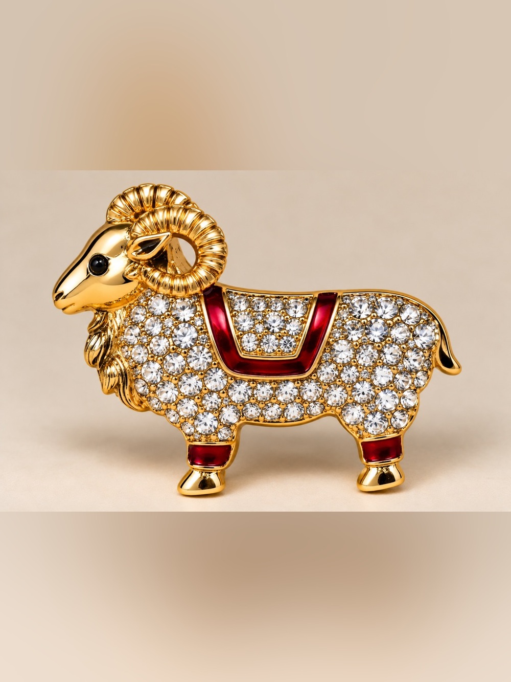 Gold and Red Jeweled Ram Figurine Decorative Accent